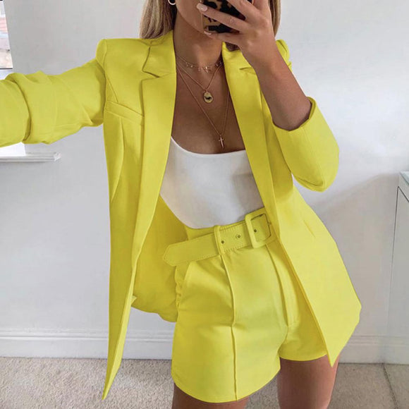 Sexy Women Solid Color Lapel Long Sleeve Blazer and Shorts