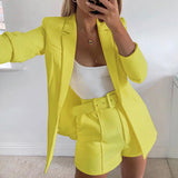 Sexy Women Solid Color Lapel Long Sleeve Blazer and Shorts